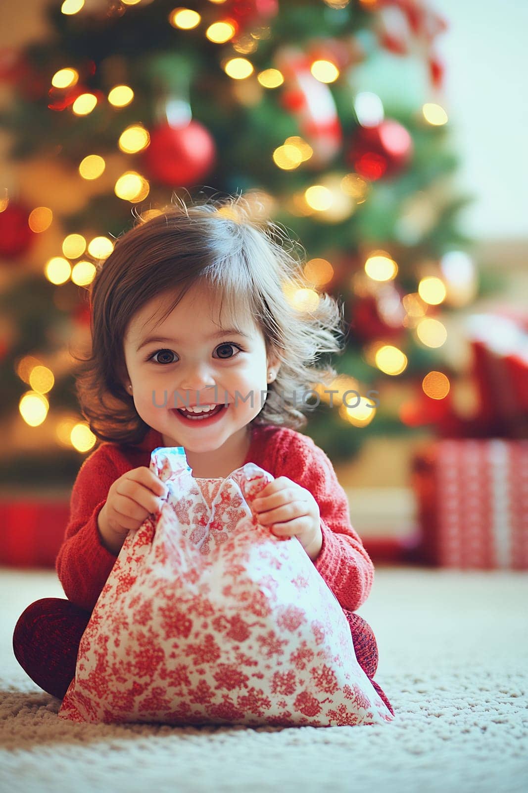 A young child with a bright smile eagerly unpacks a gift while sitting on a festive rug next to a beautifully decorated Christmas tree.