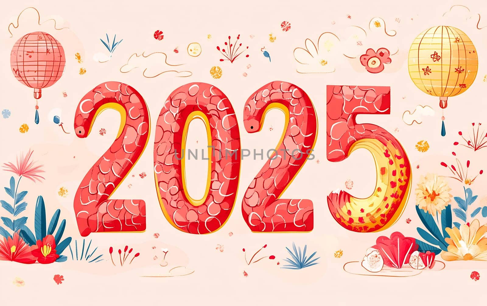 The vibrant design showcases the year 2025 with decorative elements symbolizing joy and festive occasions.