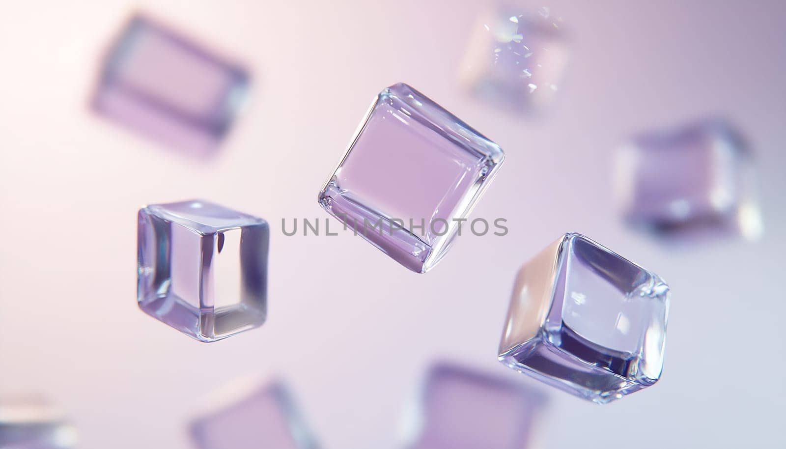 Transparent glass cubes hover gracefully against a calming purple backdrop, evoking a sense of tranquility and elegance.