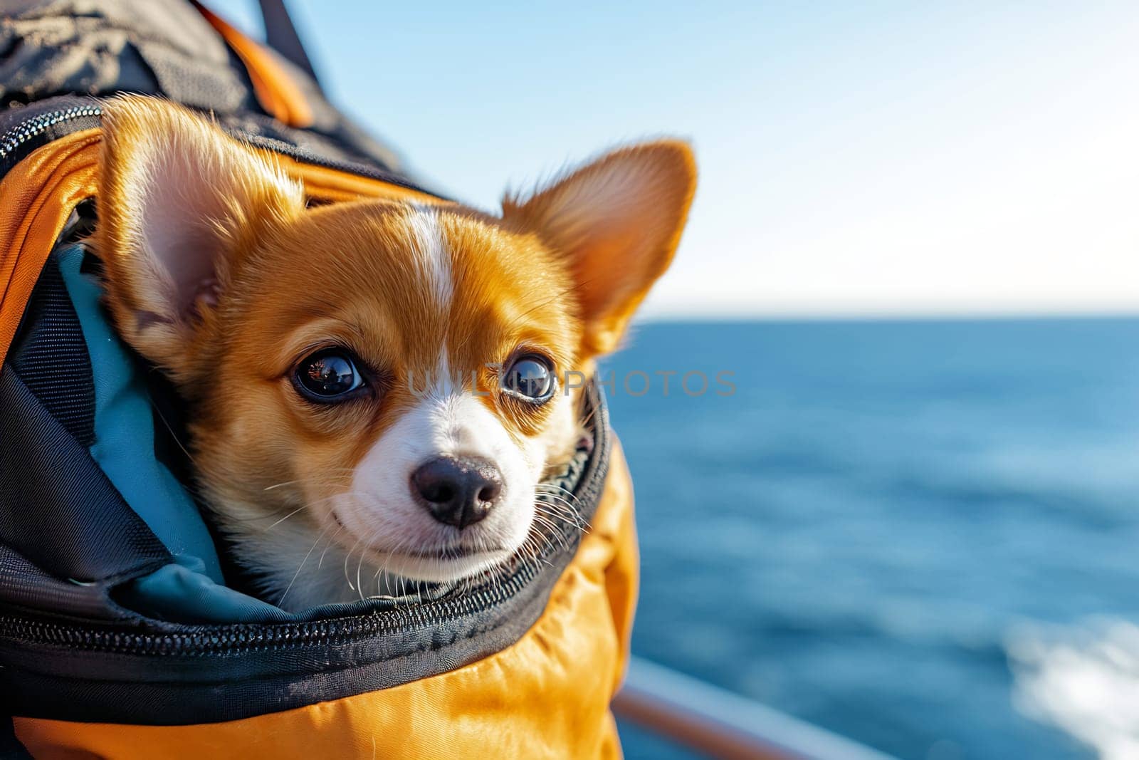 A small dog relaxes in a backpack, enjoying the fresh breeze and beautiful view during a boat ride on a sunny day.