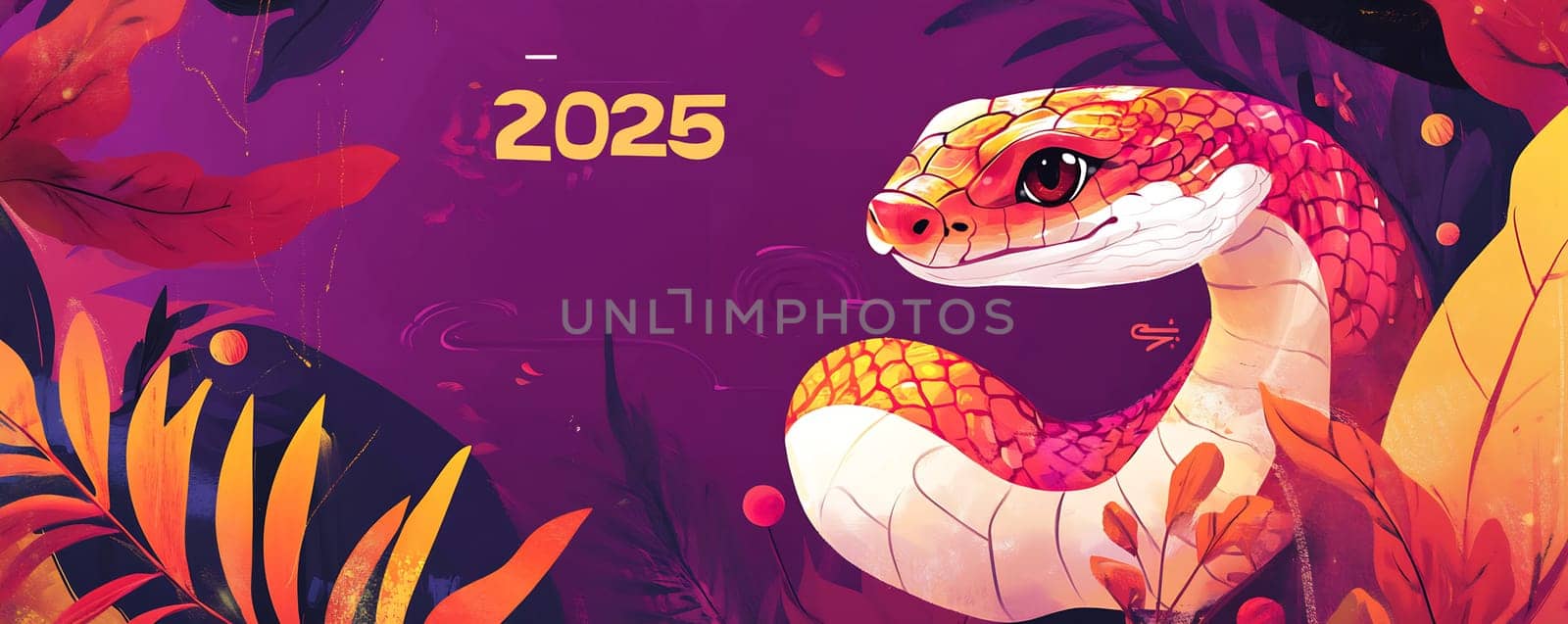 A bright, intricately designed snake is nestled among lush plants, symbolizing the arrival of 2025 in a vibrant and modern style.