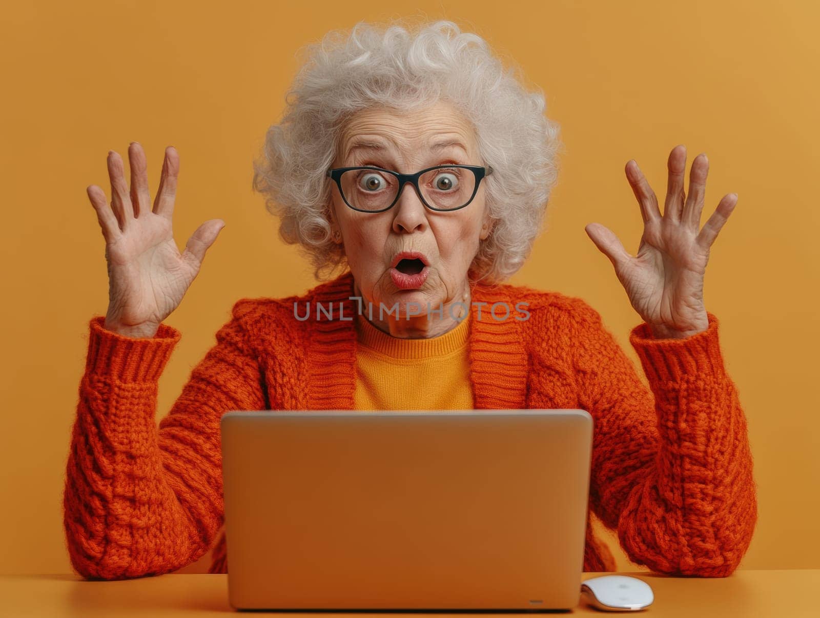 An elderly woman using a laptop computer AI generative.