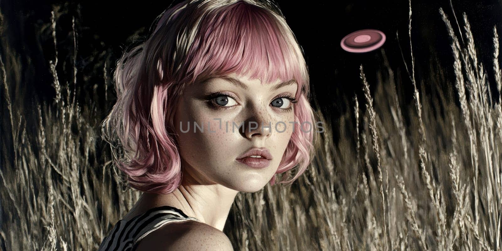 Paint oil colors eye-catching hyper-detailed realism fantastic retro-futuristic portrait of straight short cut and bangs magenta hair slight sulky young albino woman 70's glamorous clothing on background dressed, portrait of famous people Dakota Fanning, the woman is standing in the middle of a striped black and electric cobalt grass field michael sewa edward hopper style, fuchsia moon, ufo disk flying in the starry black night sky, Bo Bartlett, Tom Bagshaw --chaos 30 --ar 2:1 --style raw --stylize 300 --v 6.1 Job ID: 97565b00-6abc-4cf0-bc22-e724397412d5