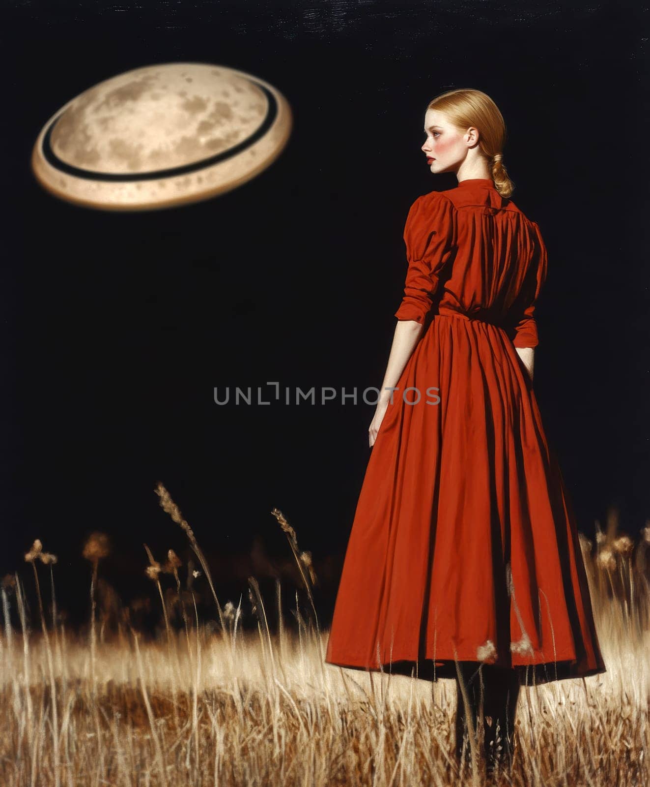 Paint oil colors eye-catching hyper-detailed realism fantastic retro-futuristic portrait of straight short cut and bangs magenta hair slight sulky young albino woman 70's glamorous clothing on background dressed, portrait of famous people Dakota Fanning, the woman is standing in the middle of a striped black and electric cobalt grass field michael sewa edward hopper style, fuchsia moon, ufo disk flying in the starry black night sky, Bo Bartlett, Tom Bagshaw --chaos 30 --ar 5:6 --style raw --stylize 300 --v 6.1 Job ID: a9993c66-a860-4c1f-8c99-61ed3e53cf2d