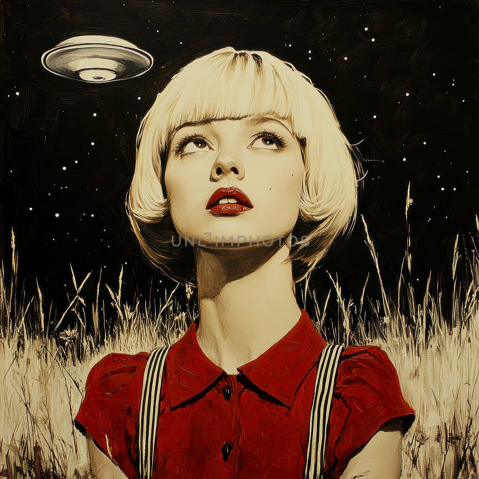 Paint oil colors eye-catching hyper-detailed realism fantastic retro-futuristic portrait of straight short cut and bangs magenta hair slight sulky young albino woman 70's glamorous clothing on background dressed, portrait of famous people Dakota Fanning, the woman is standing in the middle of a striped black and electric cobalt grass field michael sewa edward hopper style, fuchsia moon, ufo disk flying in the starry black night sky, Bo Bartlett, Tom Bagshaw --chaos 30 --style raw --stylize 300 --v 6.1 Job ID: 051587f6-3fa5-49bf-97b6-0248e08b580d