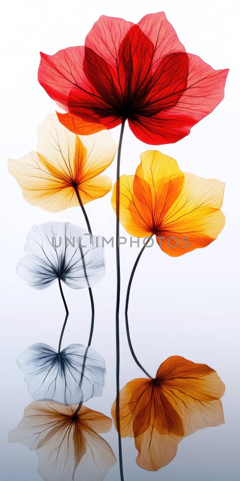 Lotus leaf, water reflection, perspective aesthetics, soft gradient colors, red and yellow, minimalist image from ancient China. AI generative.