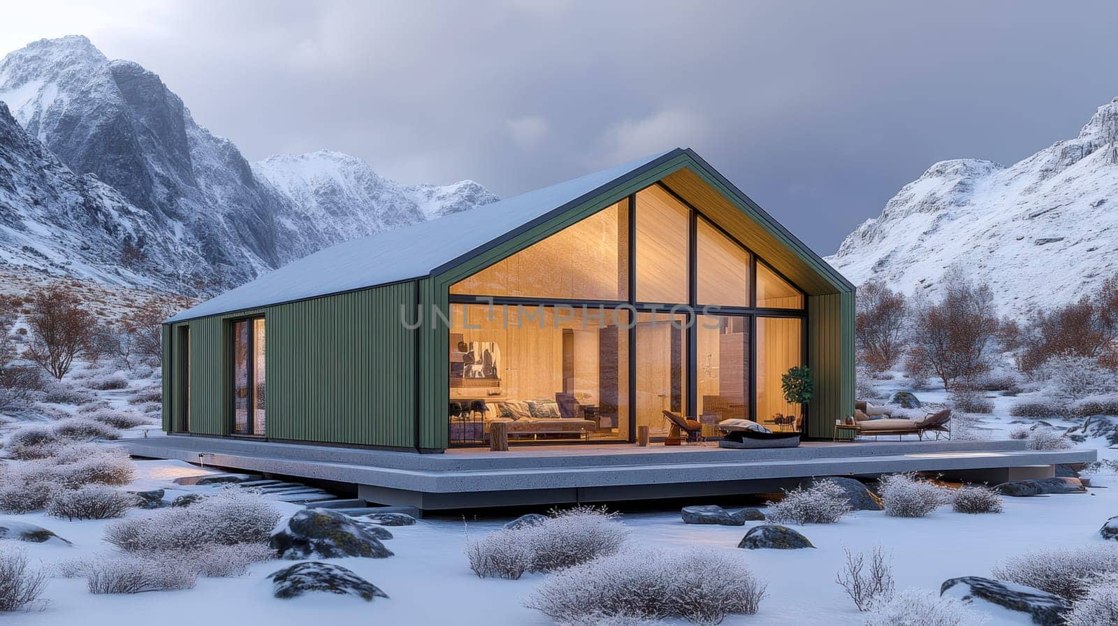 modern gabled house and landscape of the far north. AI generative.