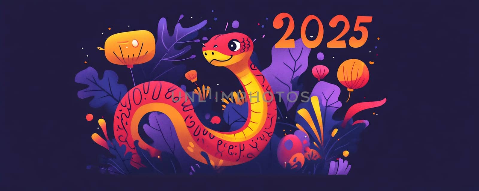 A whimsical snake coiled among bright plants, celebrating the 2025 lunar new year with lively and colorful decorations.