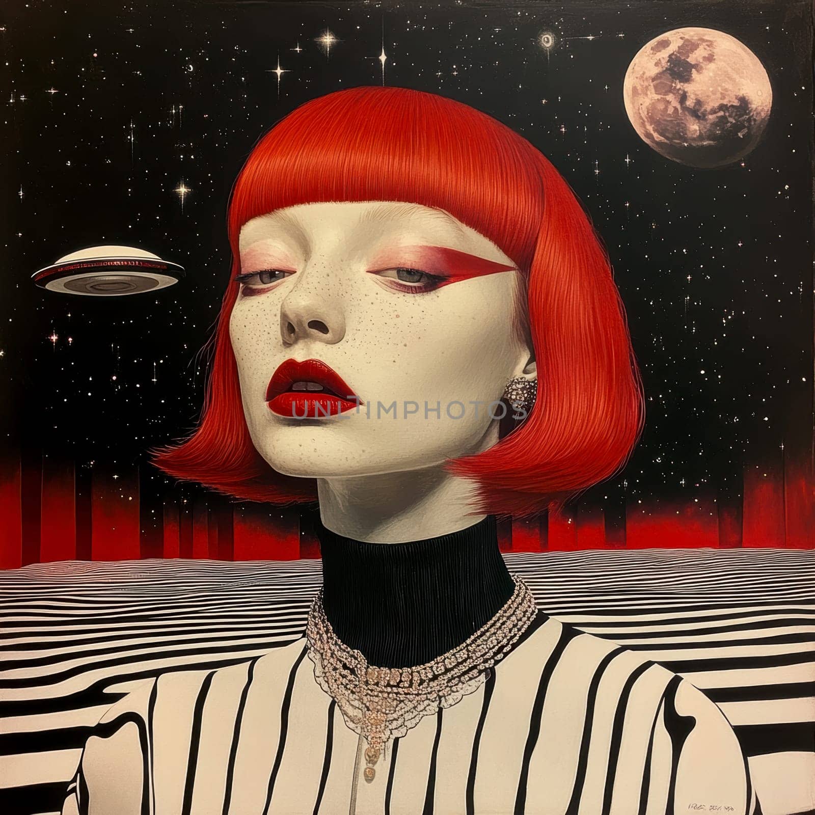 Paint oil colors eye-catching hyper-detailed realism fantastic retro-futuristic portrait of straight short cut and bangs magenta hair slight sulky young albino woman 70's glamorous clothing on background dressed, portrait of famous people Dakota Fanning, the woman is standing in the middle of a striped black and electric cobalt grass field michael sewa edward hopper style, fuchsia moon, ufo disk flying in the starry black night sky, Bo Bartlett, Tom Bagshaw --chaos 30 --style raw --stylize 300 --v 6.1 Job ID: 051587f6-3fa5-49bf-97b6-0248e08b580d