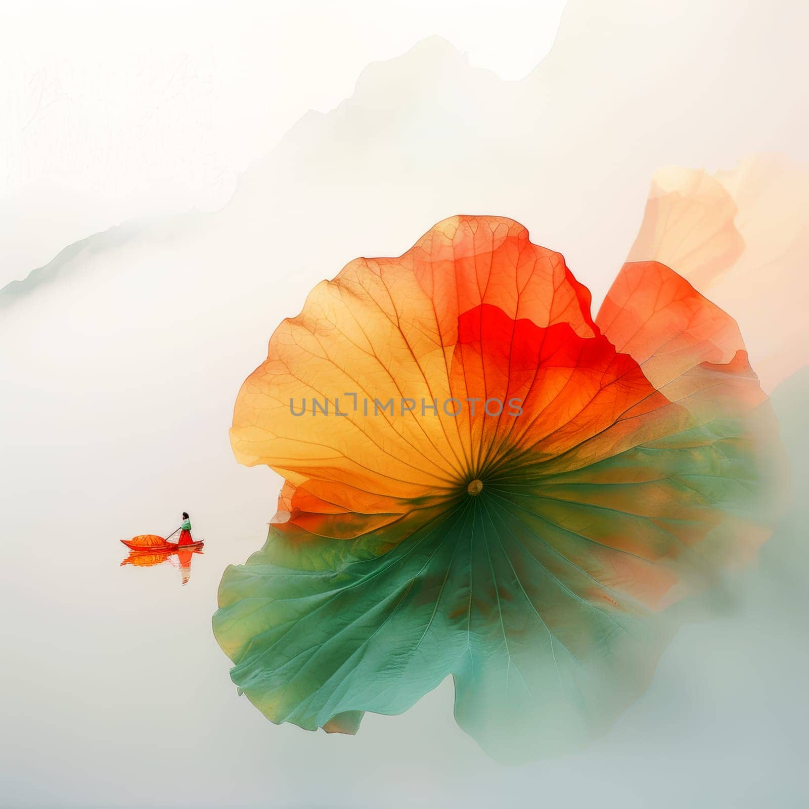 Lotus leaf, water reflection, perspective aesthetics, soft gradient colors, red and yellow, minimalist image from ancient China. AI generative.