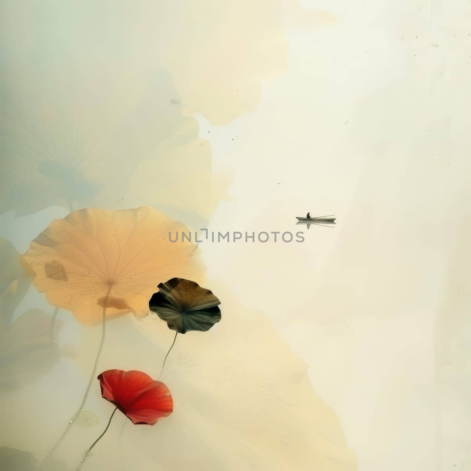Lotus leaf, water reflection, perspective aesthetics, soft gradient colors, red and yellow, minimalist image from ancient China. AI generative.