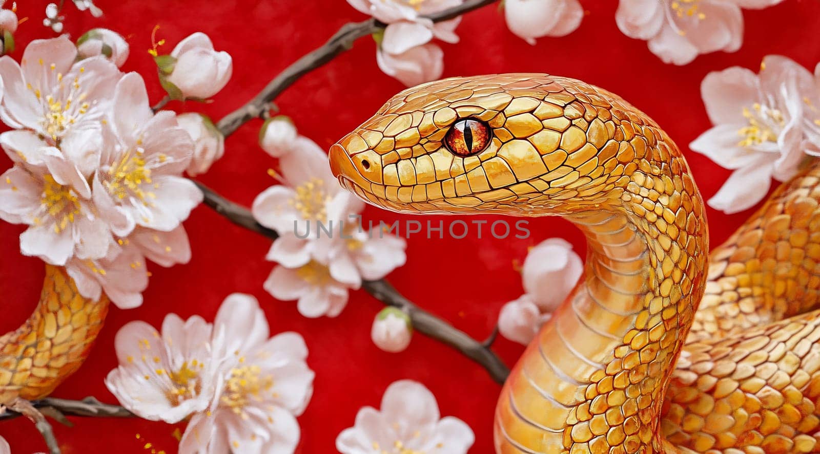 A golden snake rests among blooming cherry blossoms, contrasting beautifully against a bright red backdrop in spring.