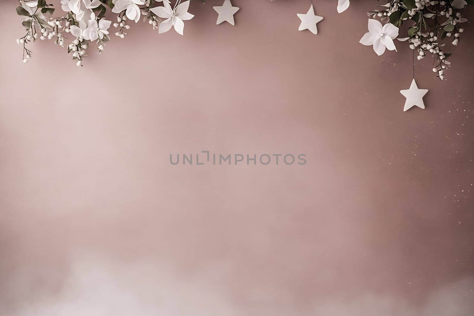 Elegant white flowers and stars hang gracefully against a soft, muted background, creating a tranquil ambiance ideal for events.