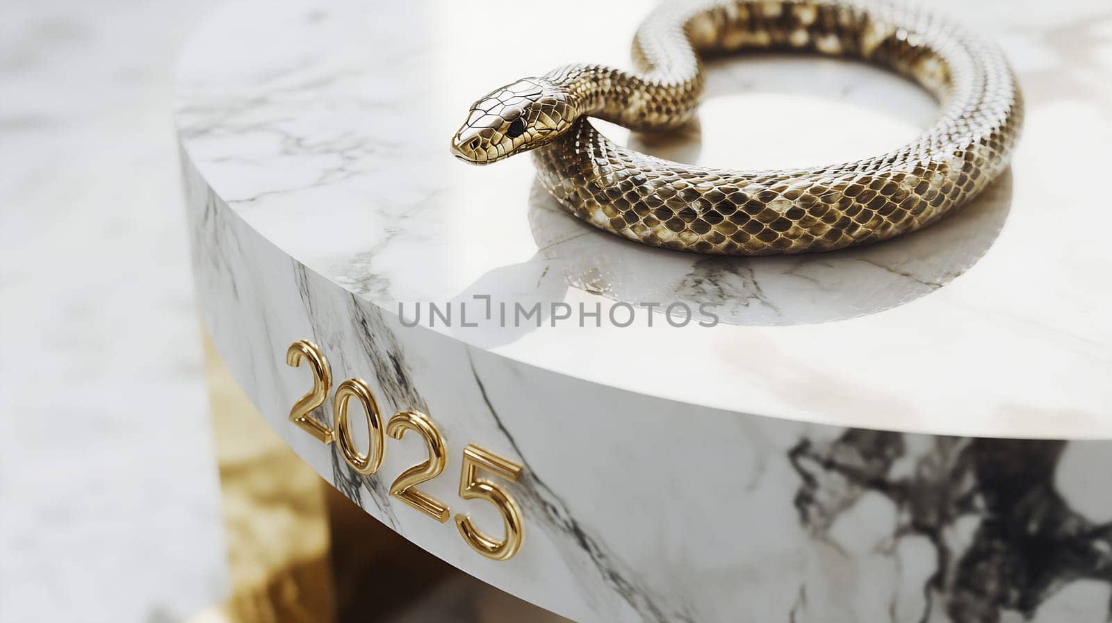A snake curls around a luxurious marble table displaying the year 2025, adding a unique touch to contemporary decor.