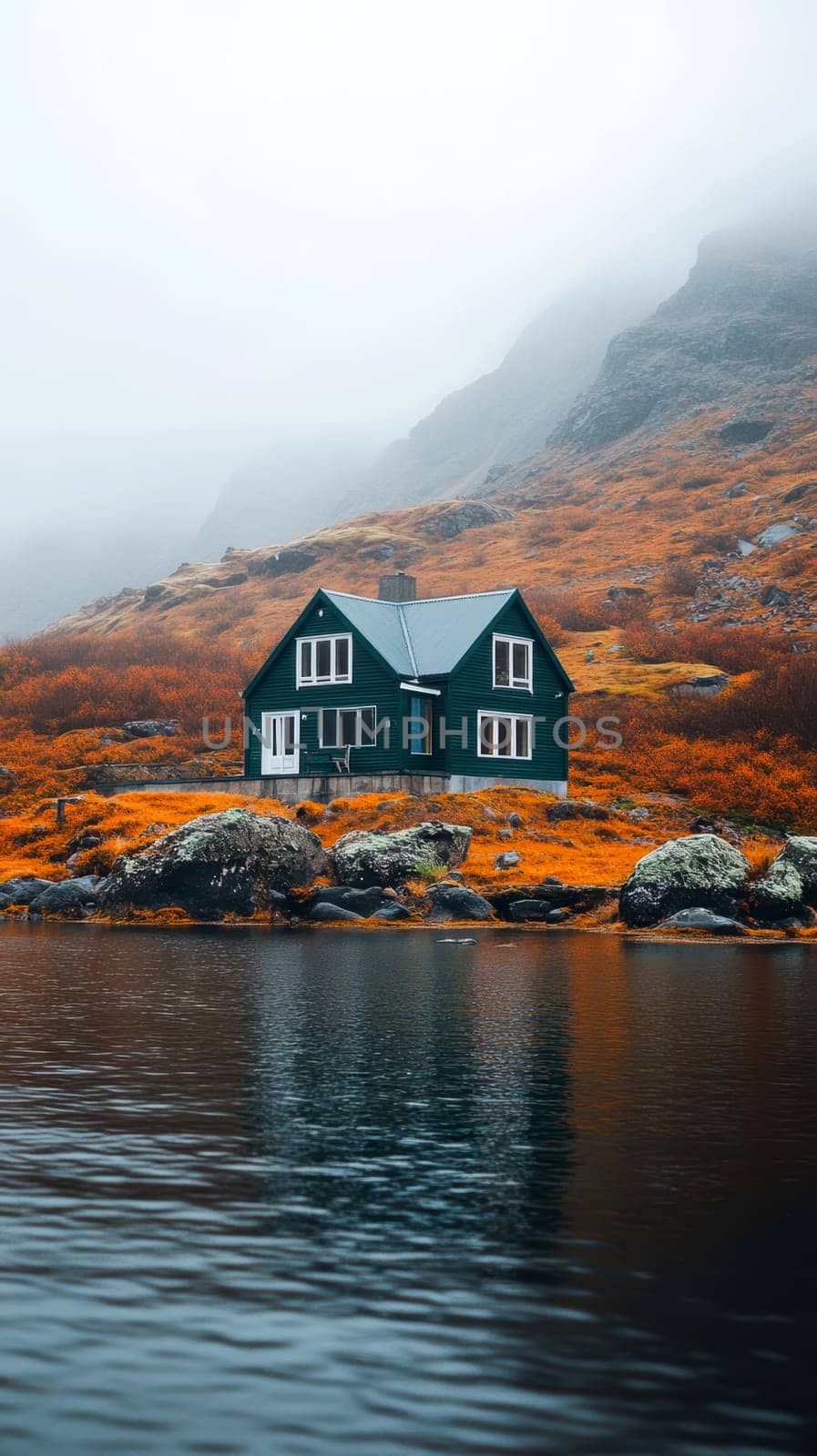 modern gabled house and landscape of the far north. AI generative.
