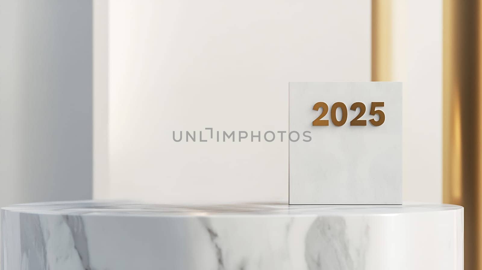 A sleek marble pedestal showcases the year 2025 in a stylish, contemporary setting, ideal for year-themed decoration.