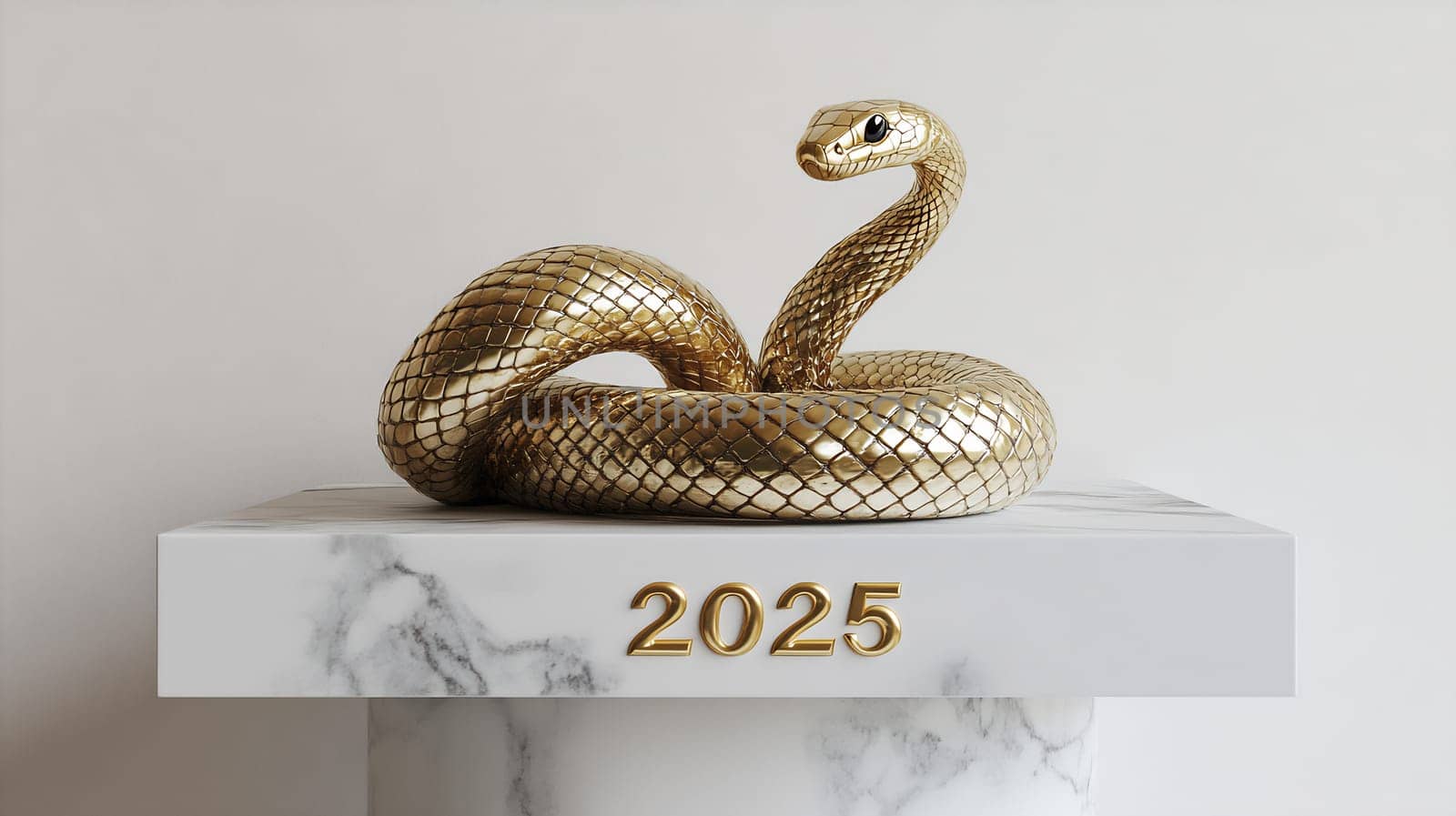A golden snake sculpture is artfully positioned on a marble pedestal, showcasing intricate details, evoking feelings of luxury and ambition.