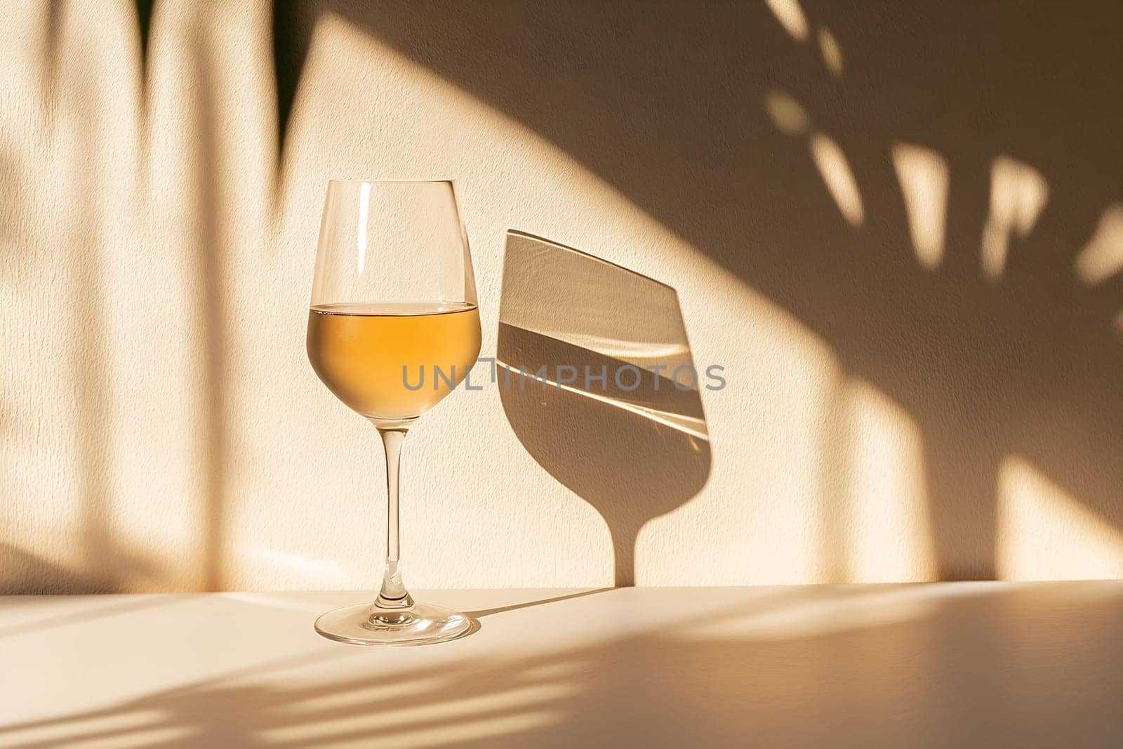 A wine glass filled with golden liquid stands on a table, casting a delicate shadow as sunlight filters through nearby plants.