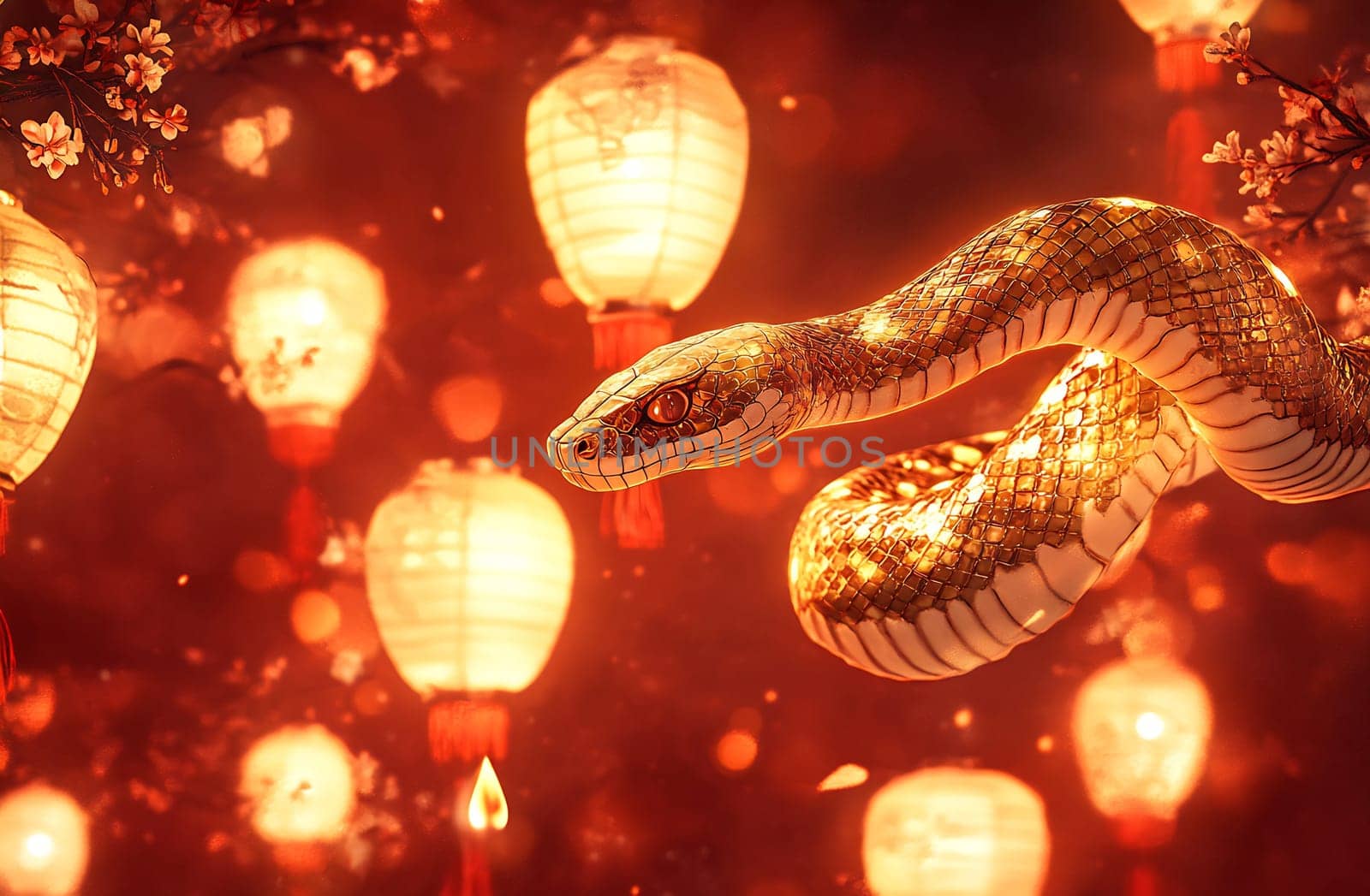 The snake moves gracefully amidst glowing lanterns, illuminating the festive atmosphere of an evening celebration filled with joy.