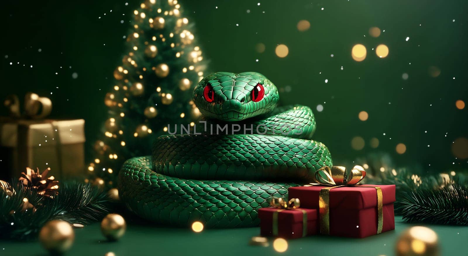 A green snake rests atop colorful presents, surrounded by twinkling lights and a decorated Christmas tree in a cheerful holiday atmosphere.