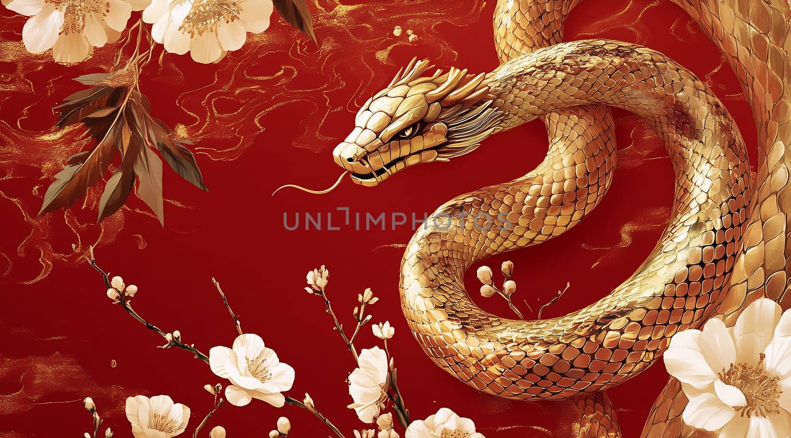 A golden snake weaves through delicate white flowers on a vibrant red background, symbolizing elegance and strength in nature.
