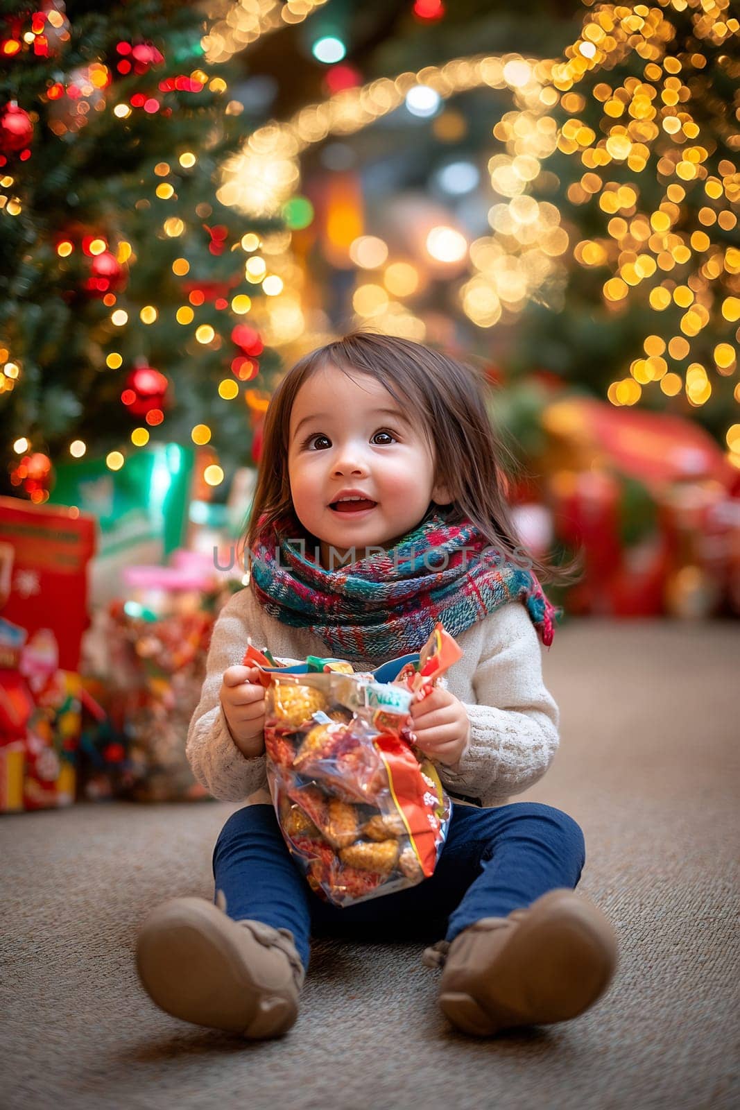 A delighted young child sits on the floor holding a bag of treats, surrounded by festive decorations and twinkling lights