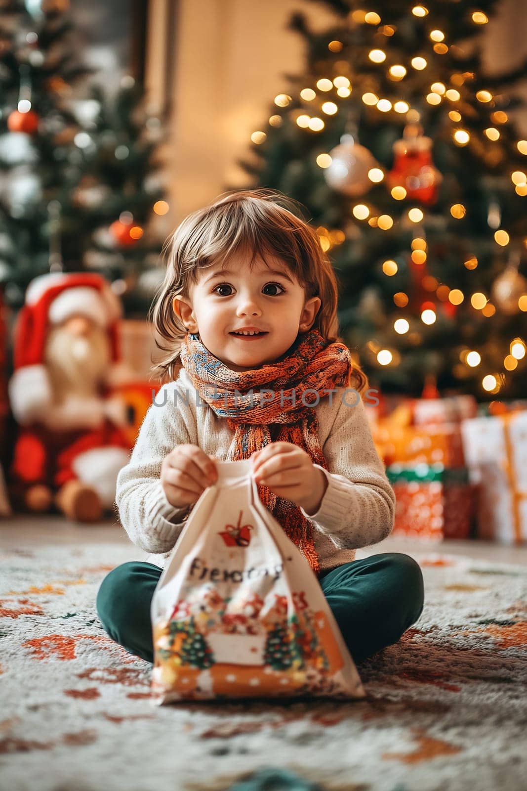 A smiling child sits on a colorful rug, holding a festive gift bag amidst beautifully decorated Christmas trees and vibrant presents.