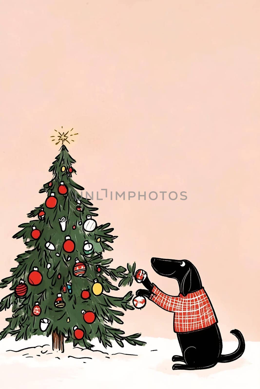 A playful black dog adorning a festive Christmas tree with bright ornaments, creating a joyful holiday spirit.