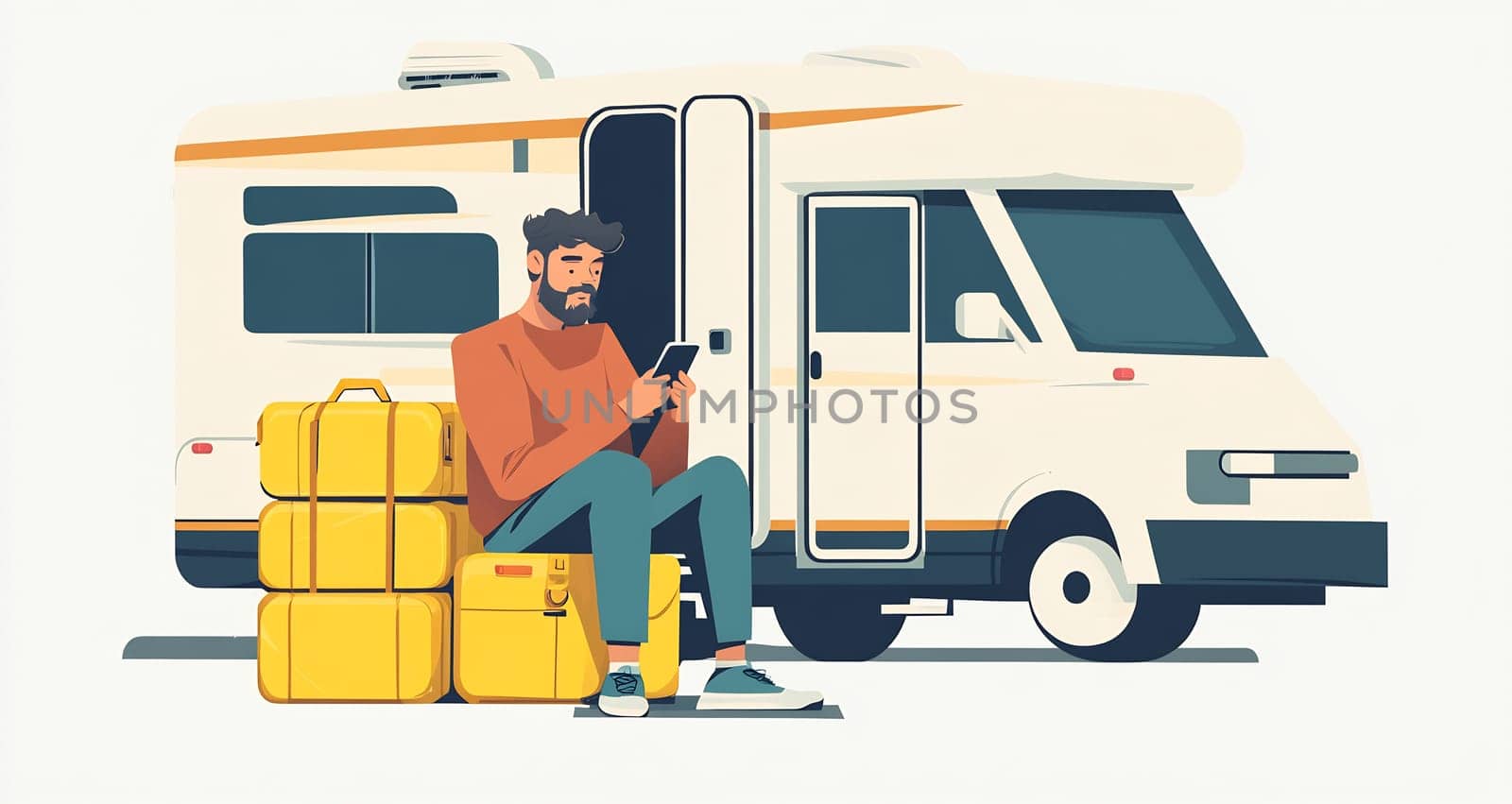 A traveler sits on a yellow suitcase, enjoying his smartphone next to a parked recreational vehicle.