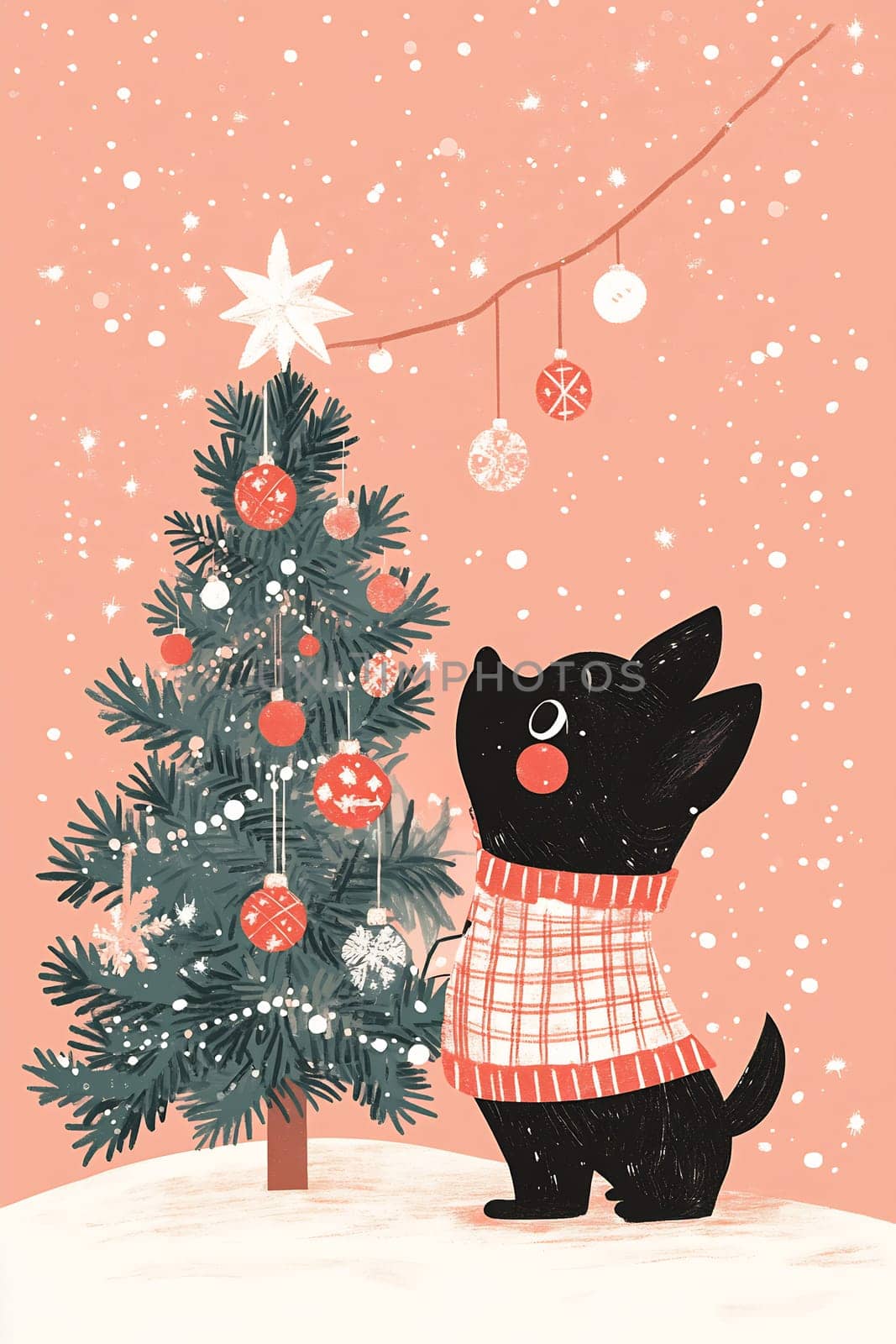 A black dog in a red plaid sweater admires a decorated Christmas tree as snowflakes gently fall in a cheerful winter setting.