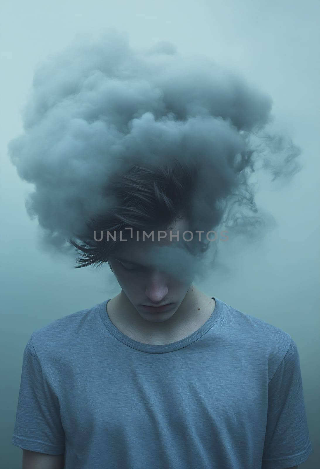 A person appears deep in thought as a swirling cloud of smoke rises from their head, creating a striking visual effect.