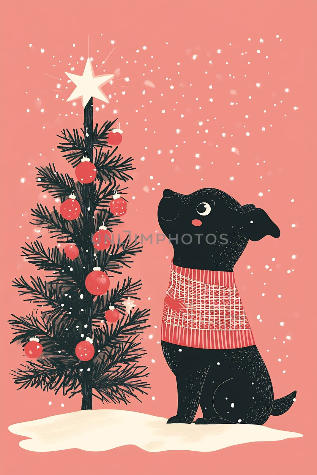 A happy black dog wearing a red sweater looks up at a decorated Christmas tree surrounded by softly falling snowflakes.