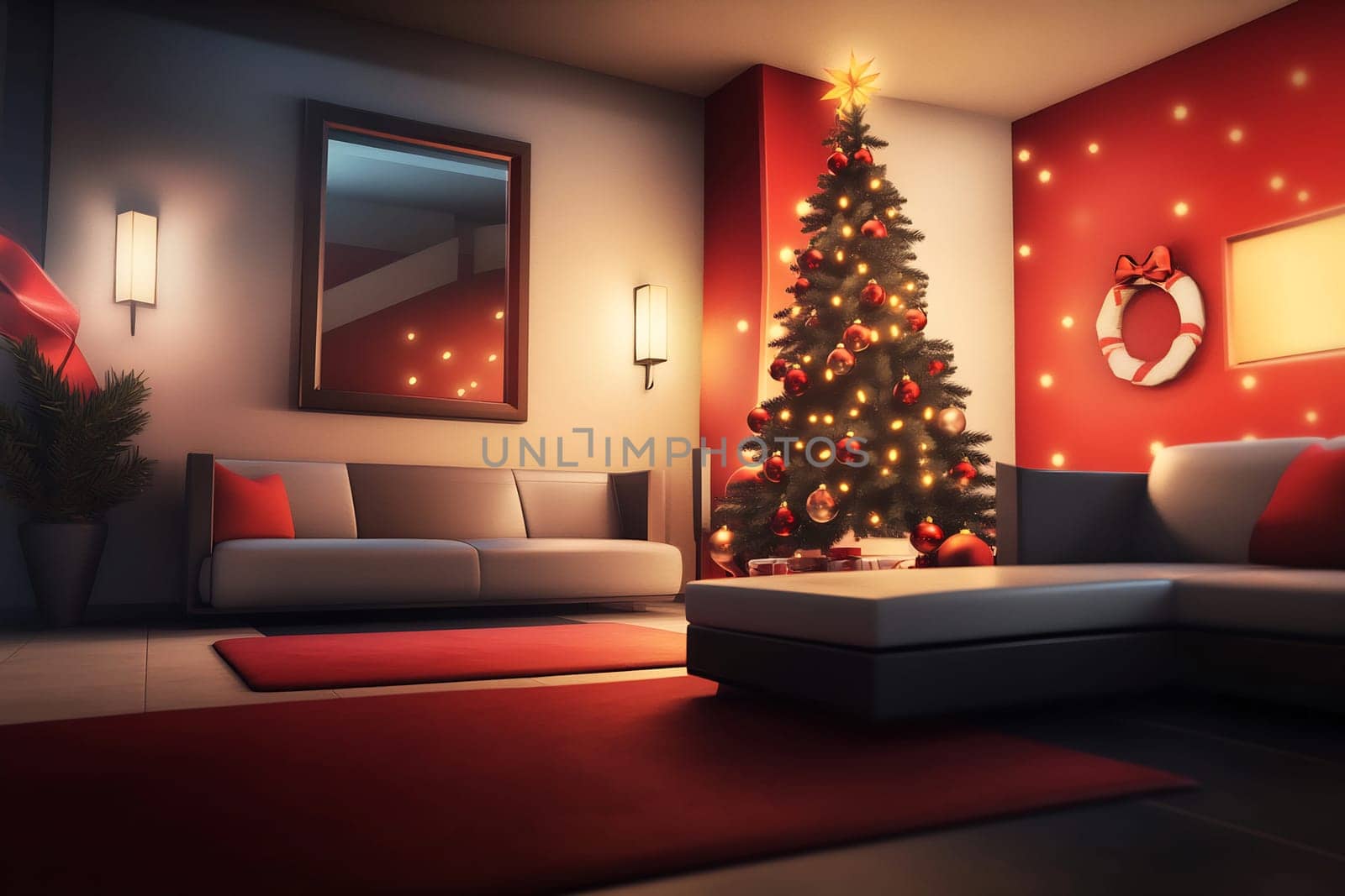 A warm living room showcases a beautifully decorated Christmas tree, with soft lighting and festive decor, creating a cozy holiday ambiance.