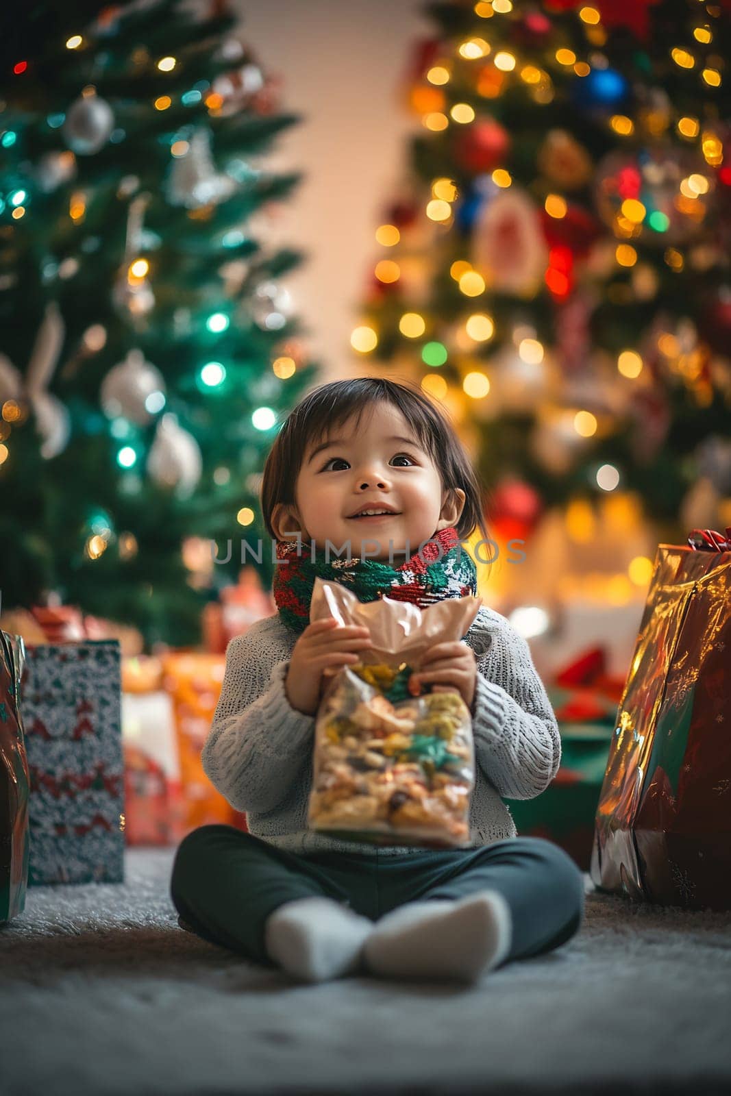 A happy child enjoys a festive moment, holding a bag of treats, surrounded by colorful Christmas trees and wrapped gifts.