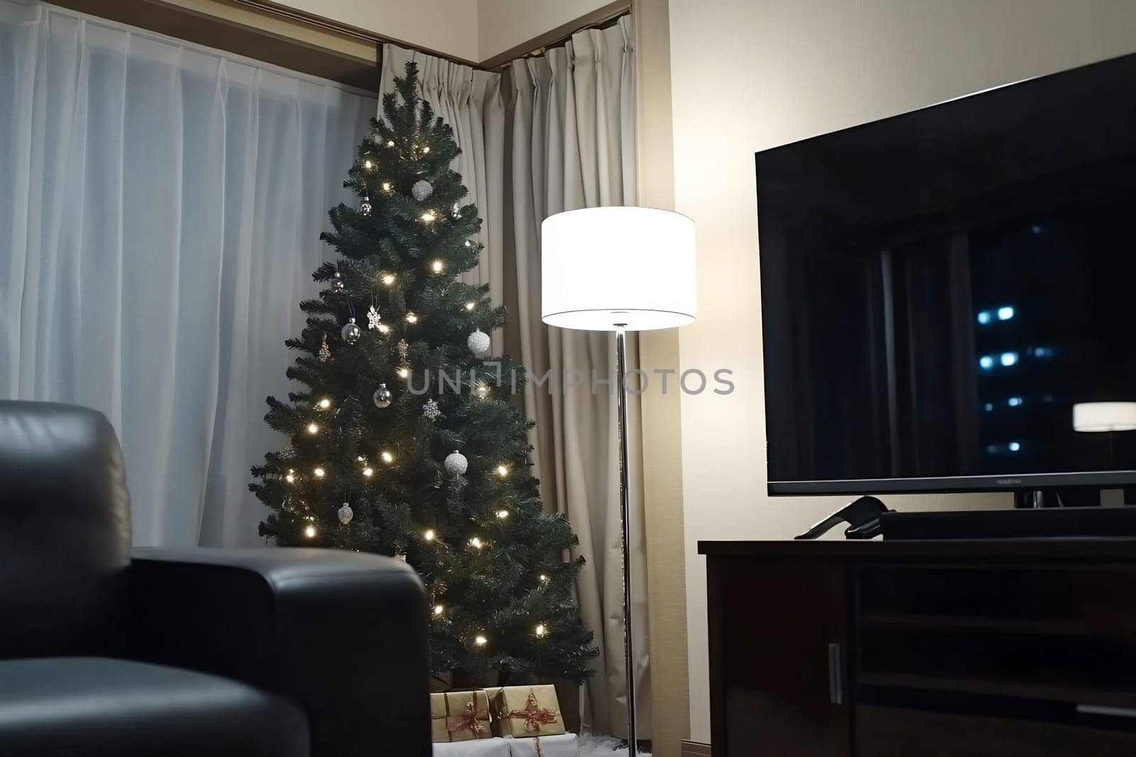 The cozy living room features a beautifully decorated Christmas tree with lights, a lamp casting soft glow, and a television nearby.