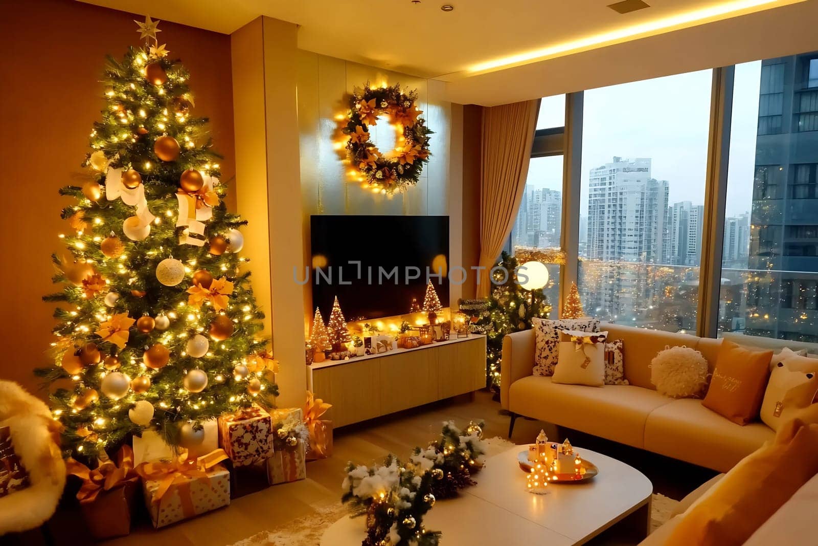 A stylish living room features a beautifully lit Christmas tree, warm decorations, and city views during a chilly winter evening.