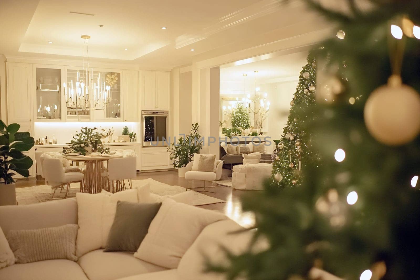 A beautifully styled living space featuring a festive Christmas tree, soft furnishings, and warm lighting creates a welcoming holiday atmosphere.