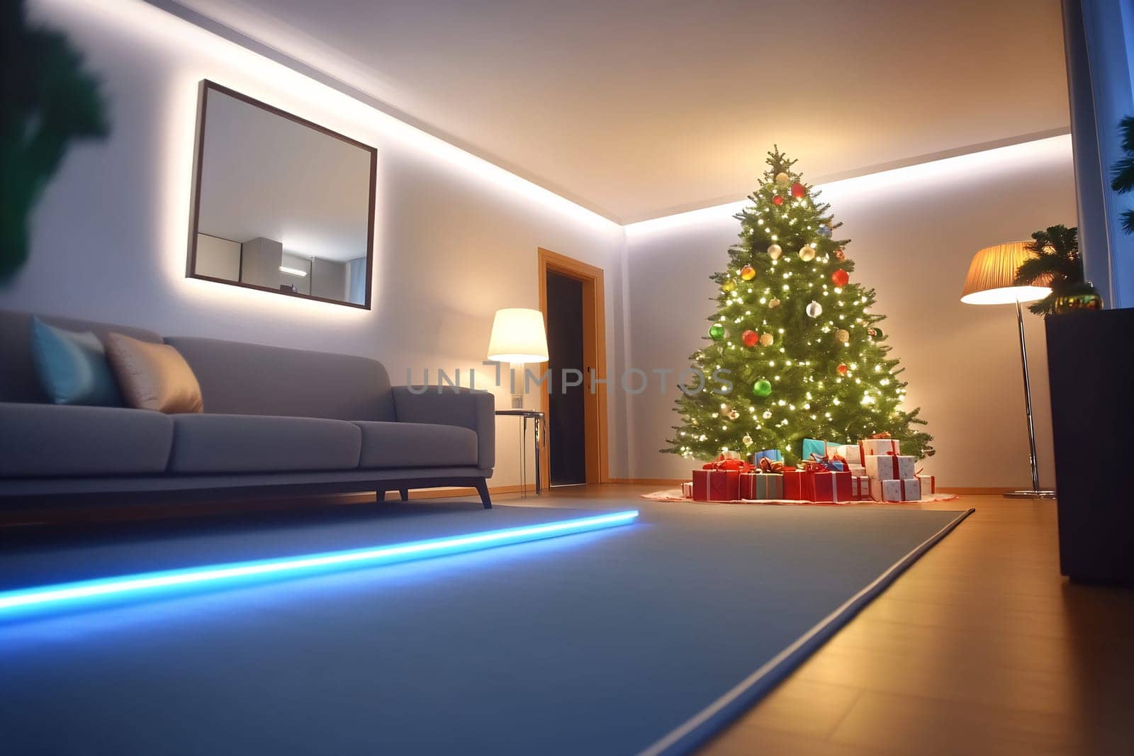 The living room features a well-decorated Christmas tree with presents underneath, creating a warm and inviting holiday atmosphere.