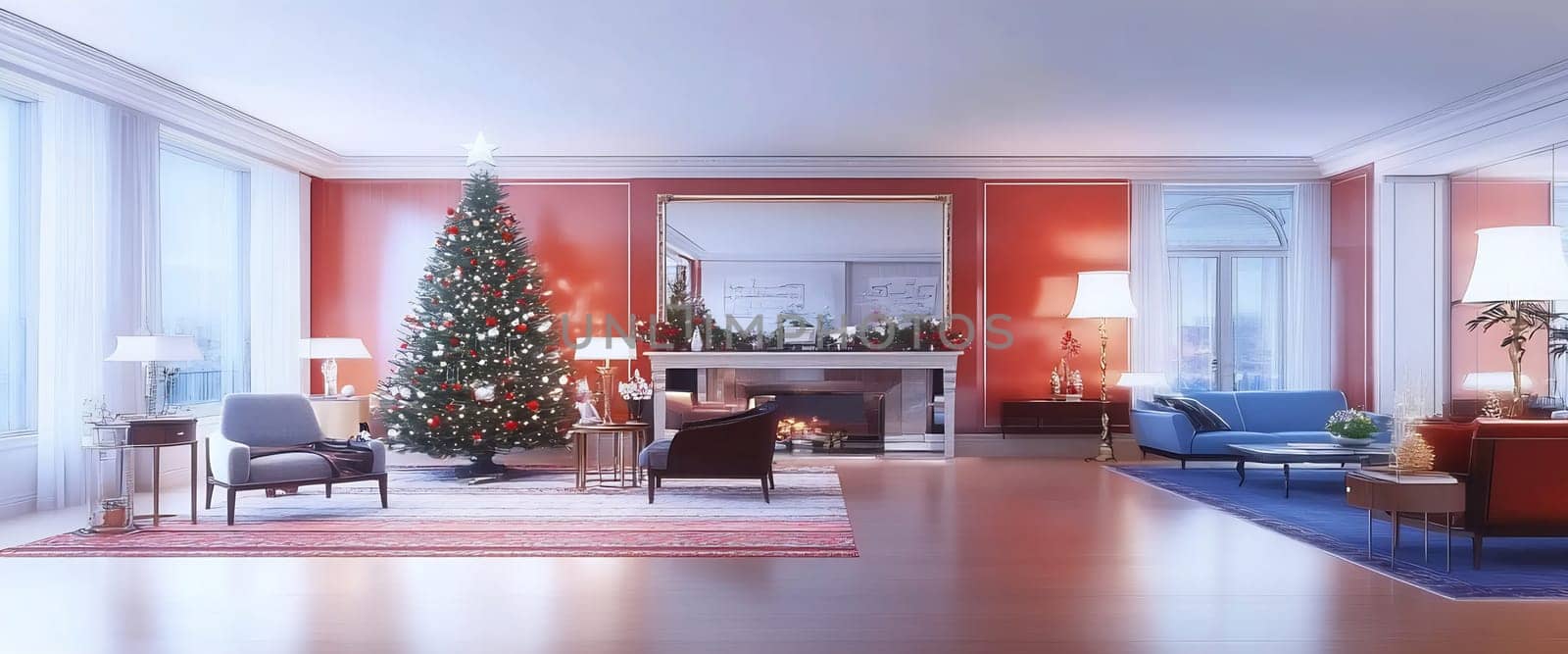 A beautifully decorated living room features a lush Christmas tree, cozy seating, and festive decorations creating a warm holiday atmosphere.