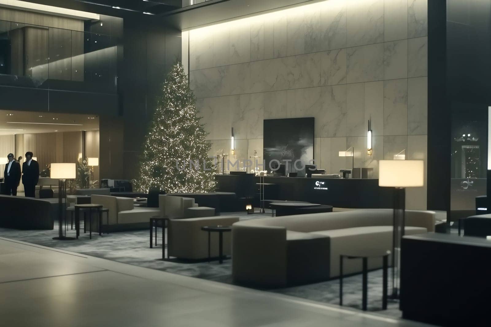 The lobby features stylish seating arrangements, a large Christmas tree, and guests mingling in a luxurious hotel atmosphere.