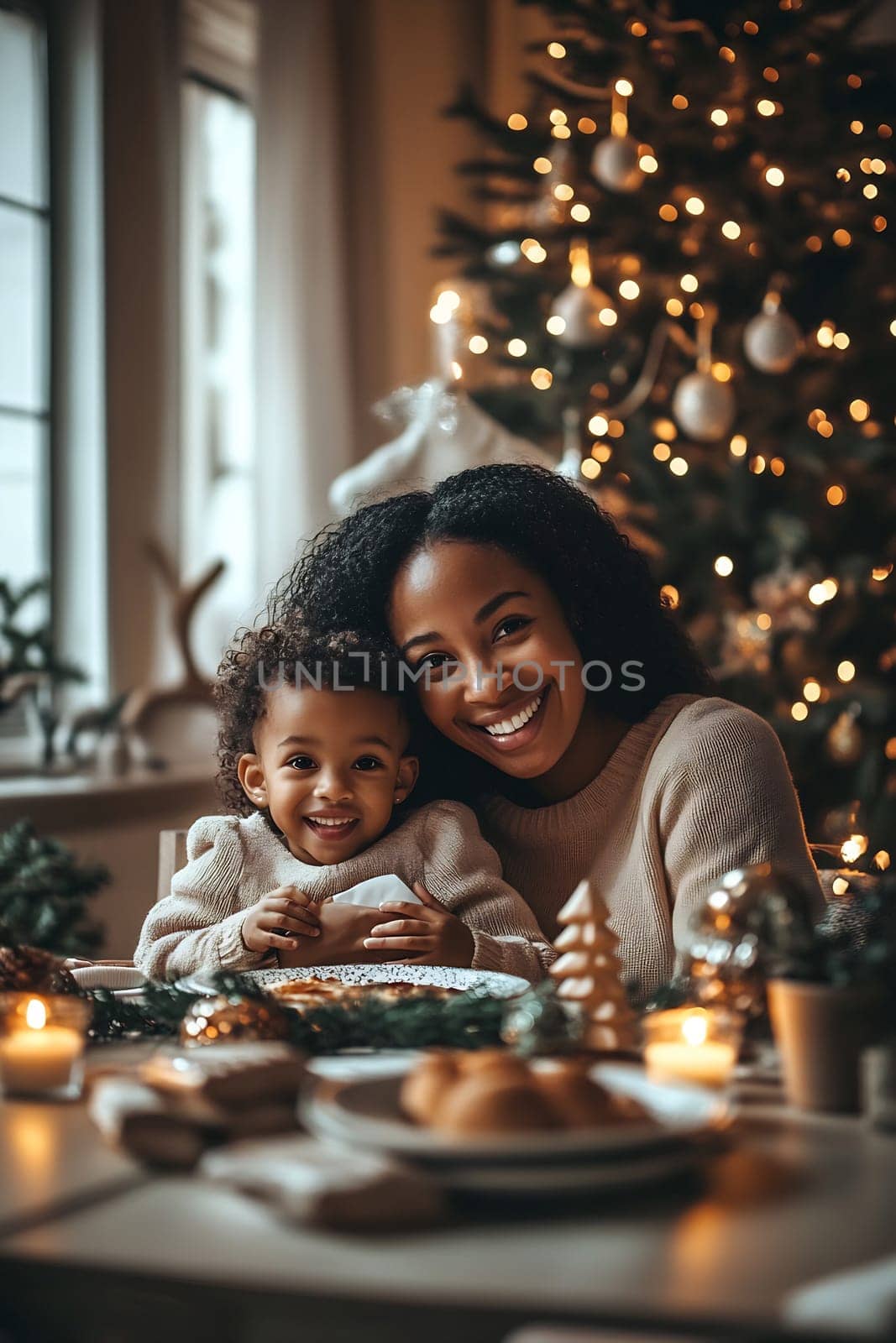 A mother and her young child share a joyful moment near a Christmas tree, surrounded by festive treats and warm candlelight.