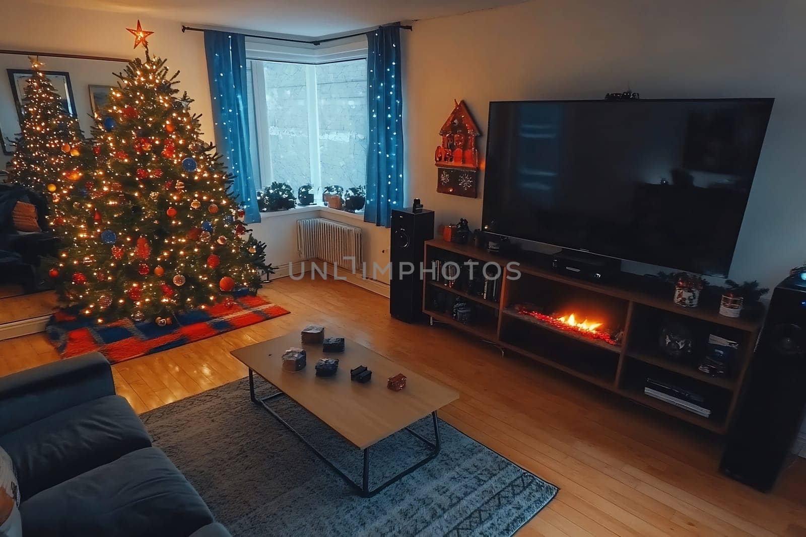 The room is warm and inviting with a large Christmas tree adorned with lights, alongside a stylish entertainment center for relaxation.