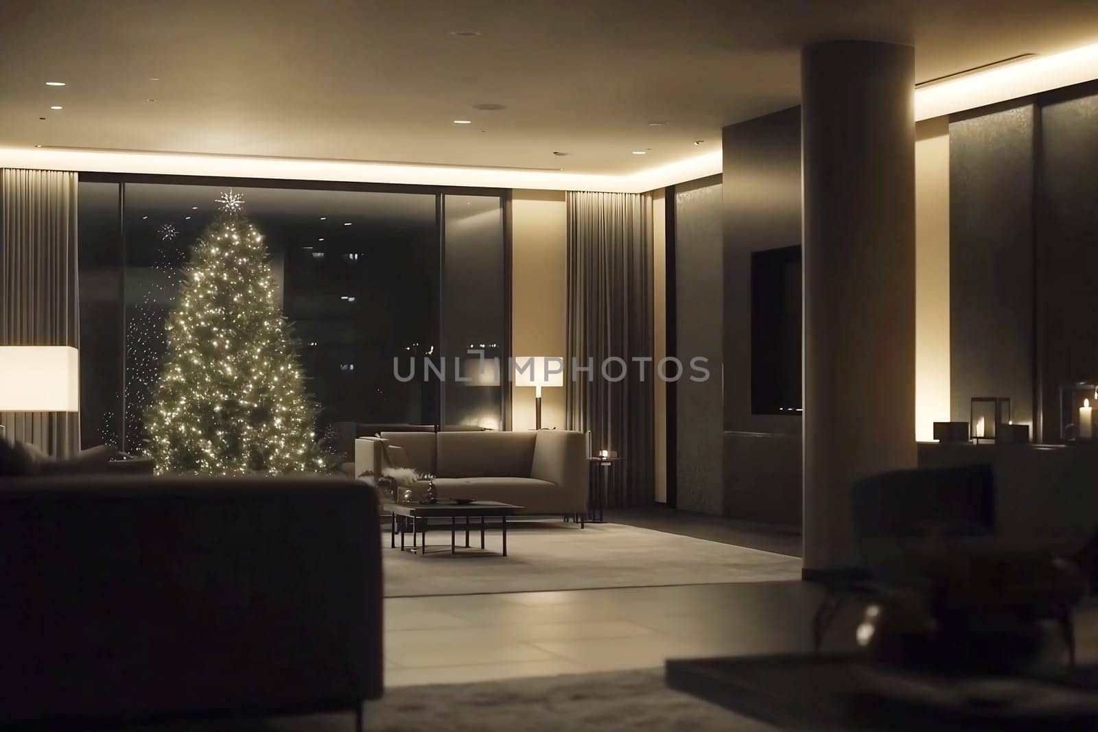 A modern living room features a beautifully lit Christmas tree, elegant furnishings, and soft ambient lighting, creating a cozy holiday setting.