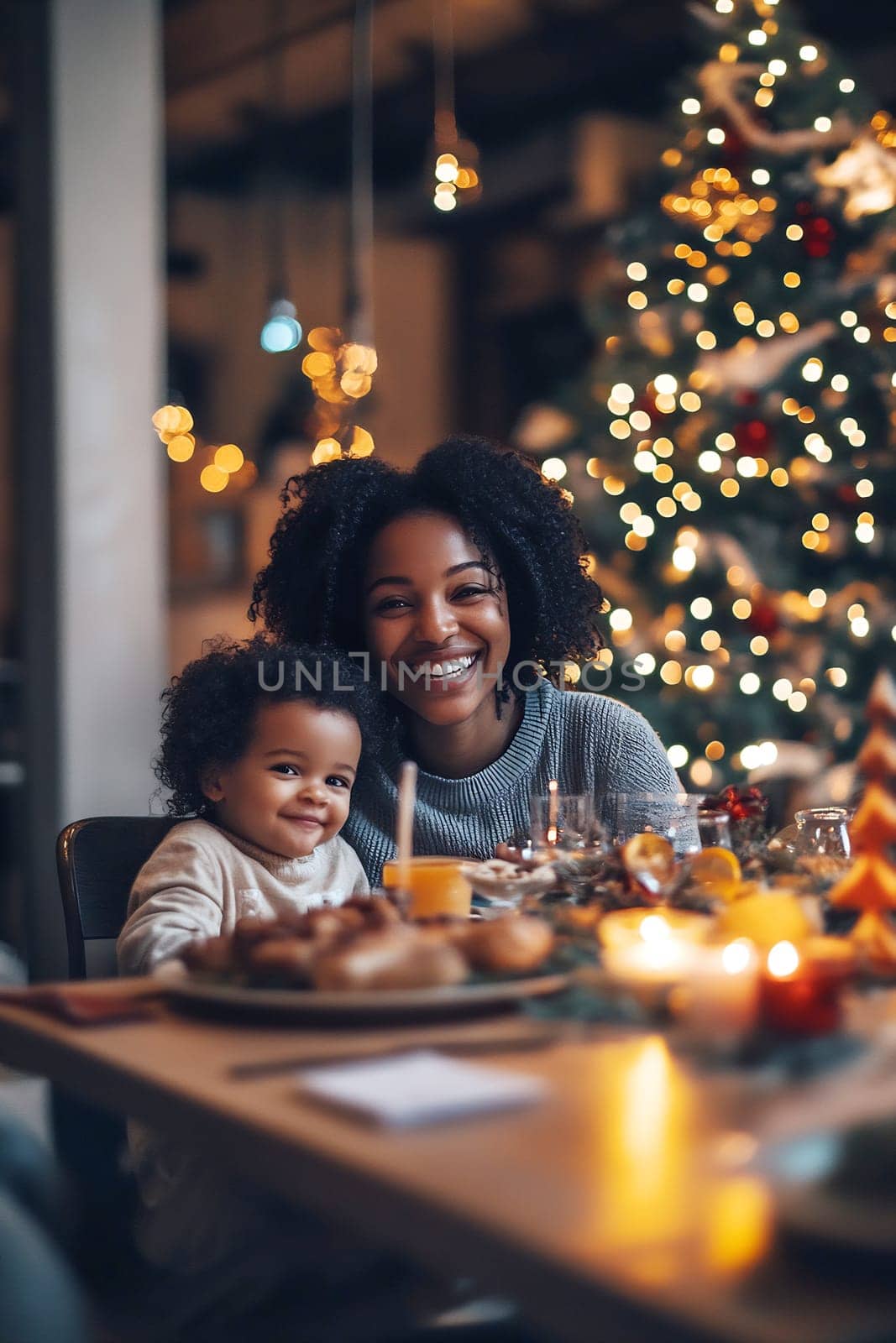 A mother and her smiling child enjoy a festive meal together, illuminated by soft lights from a Christmas tree and candles nearby.