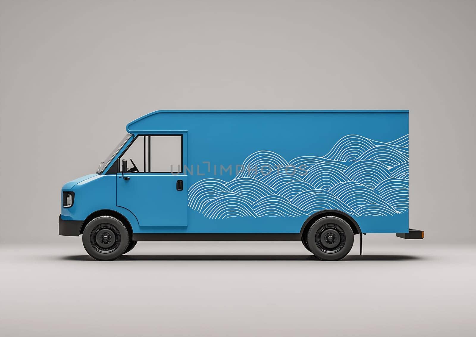 The blue food truck, adorned with wave designs, stands ready for business in front of a simple background.