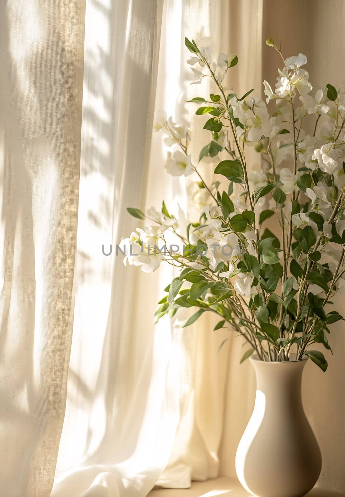 Morning sun shines through sheer curtains, highlighting a vase filled with delicate white flowers placed on a windowsill.