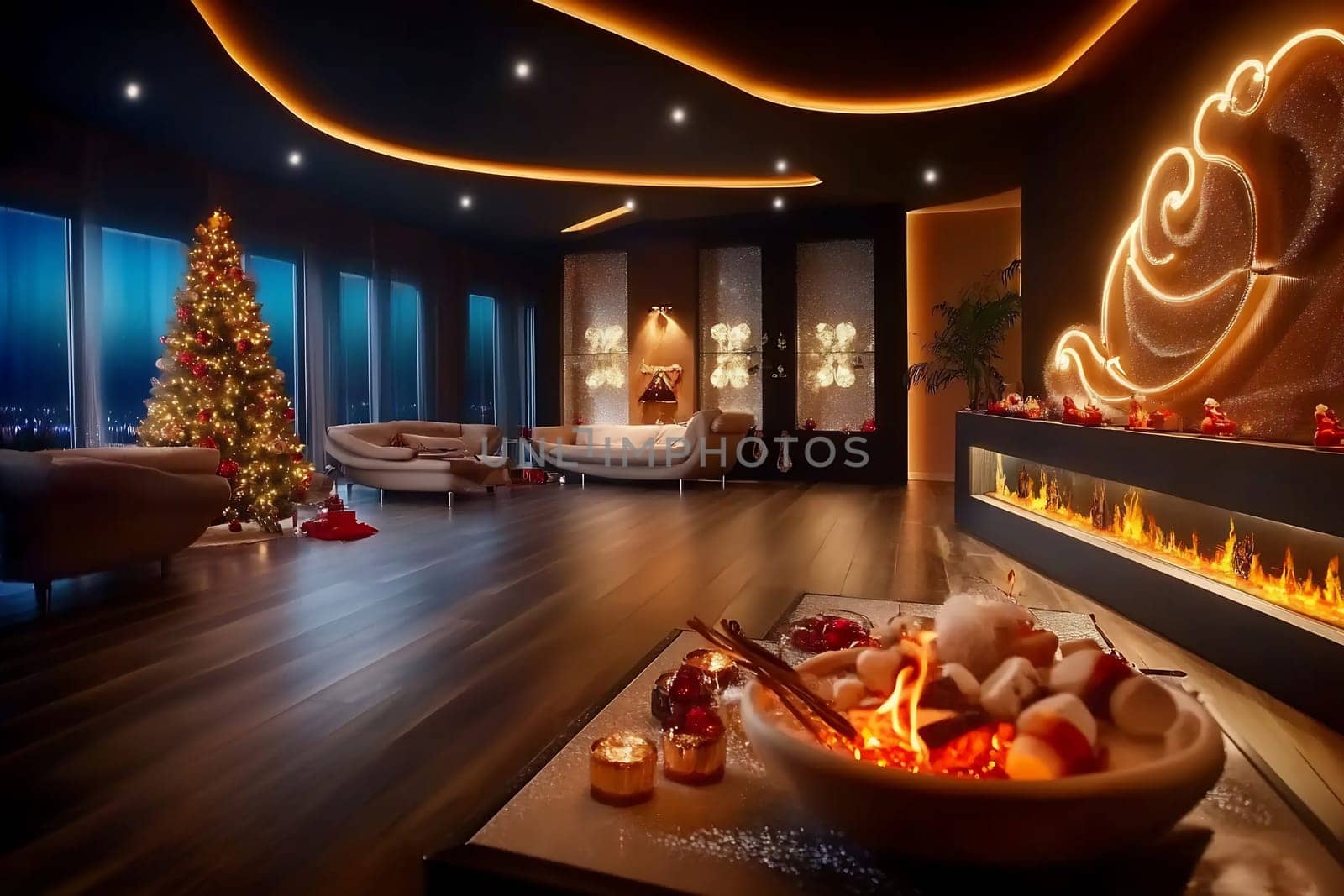 A warmly lit living room features a beautifully decorated Christmas tree, a glowing fireplace, and a cozy setting perfect for celebrations.
