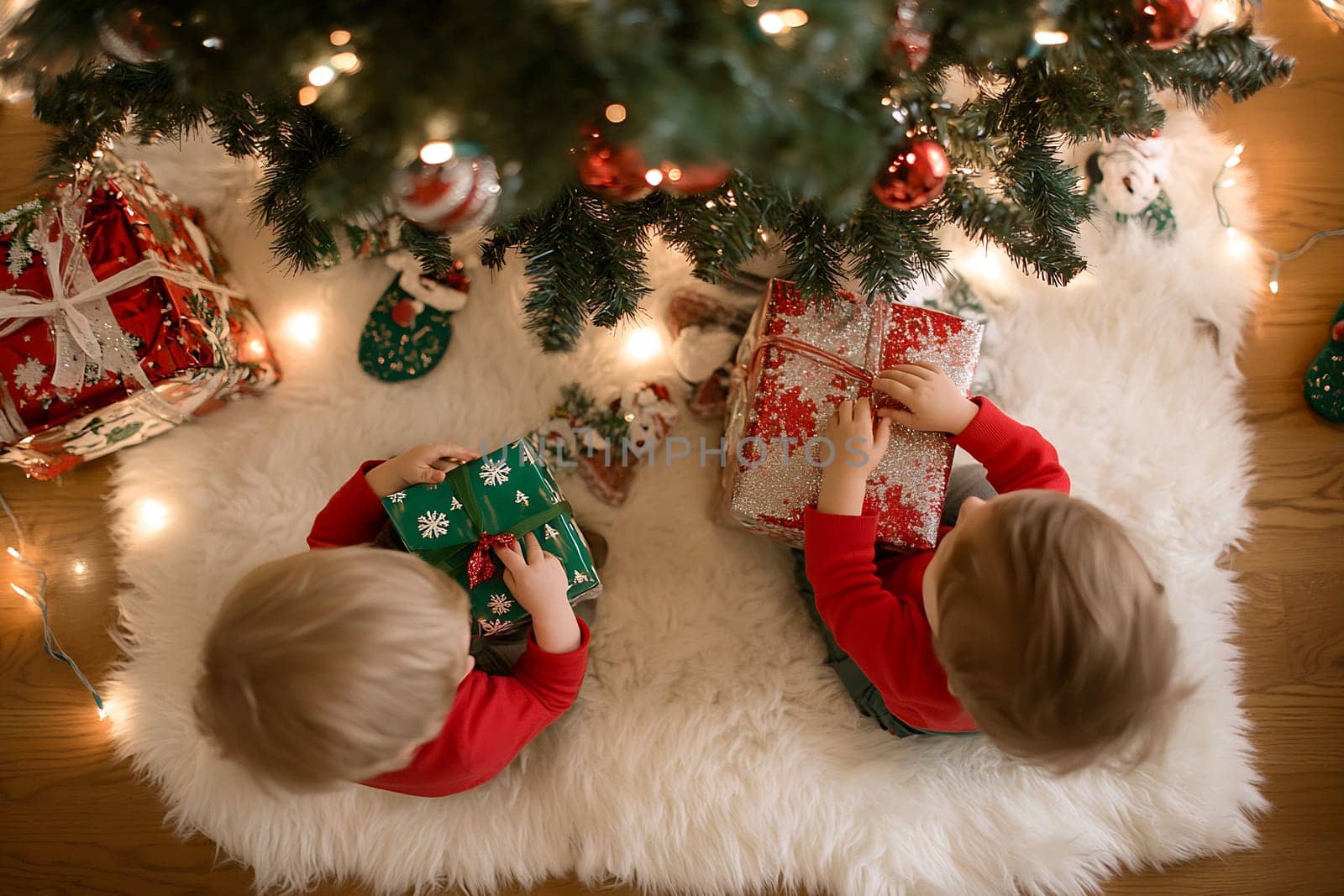 Two excited children explore and unwrap their presents placed on a fluffy rug under a beautifully decorated Christmas tree.
