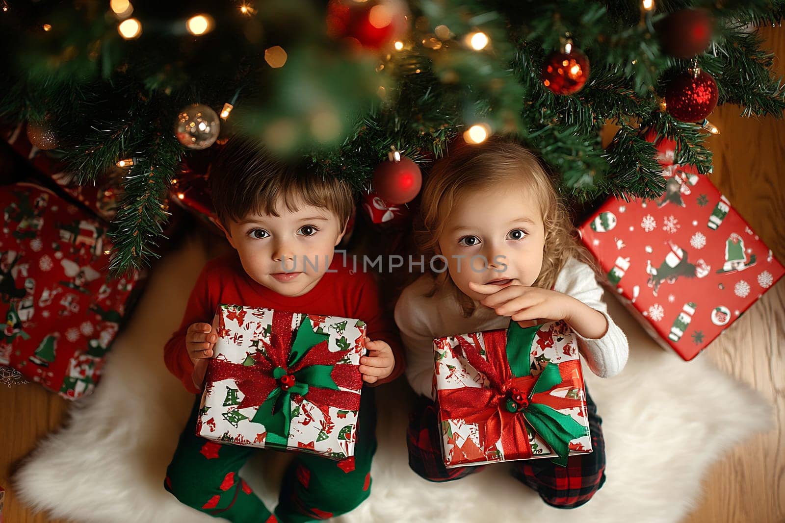 Two joyful kids sit beneath a decorated Christmas tree eagerly holding colorful wrapped gifts ready to explore their surprises.