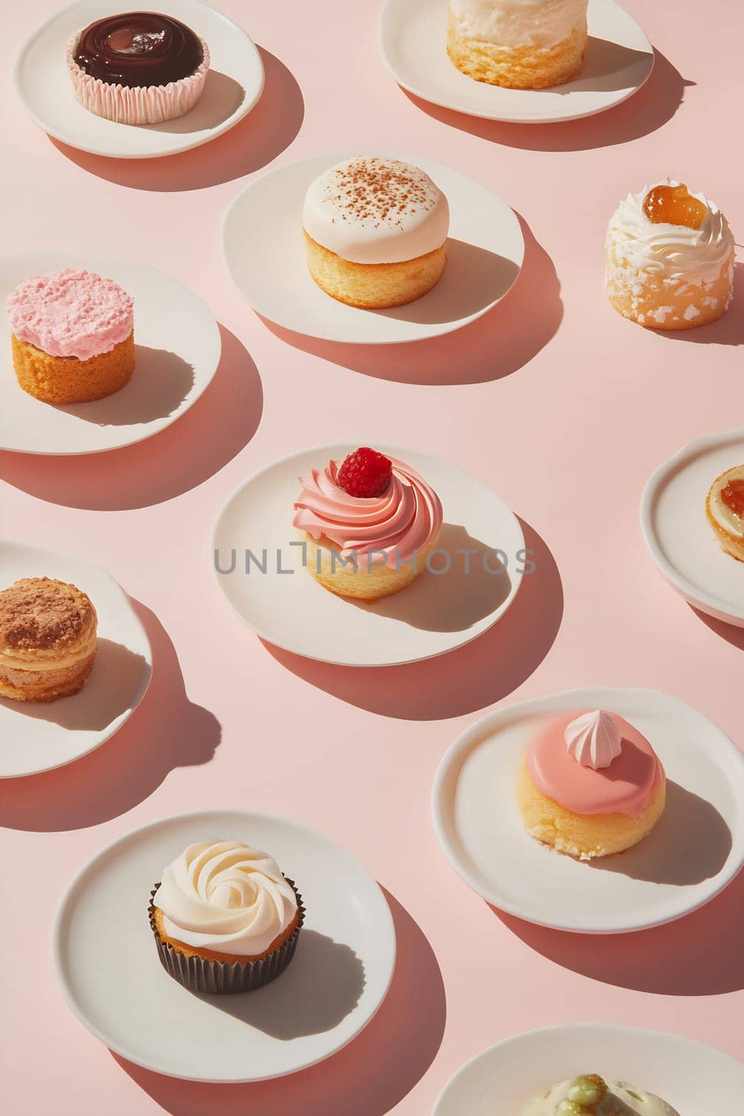 A vibrant variety of cupcakes in different flavors and designs are beautifully showcased on white plates set against a soft pink backdrop.